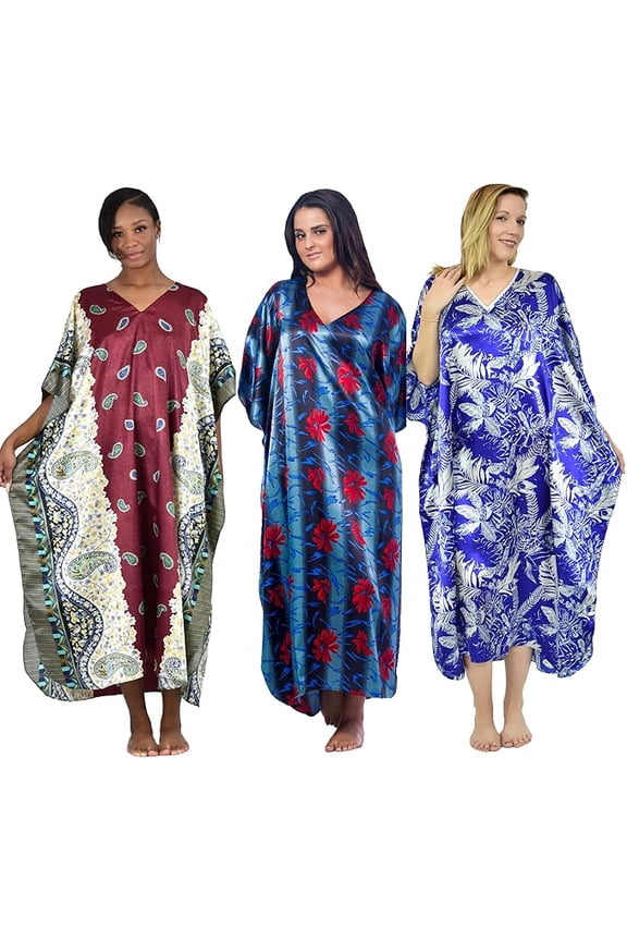 's Three Women's Blue-Print Satin Caftans / Kaftans Value Pack #11