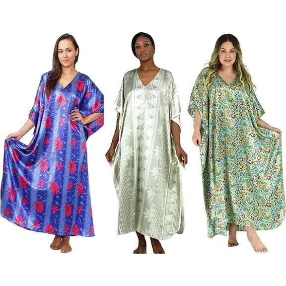 Up2date Fashion's Three Women's Pretty Print Satin Caftans / Kaftans Value Pack #22