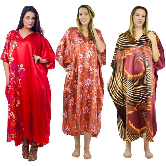 Up2date Fashion's Three Women's Red-Print Satin Caftans / Kaftans Value Pack #23