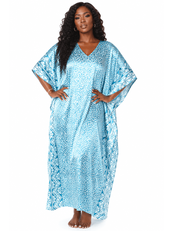 's Women's Silky Satin Caftan / Kaftan Mumu, Aqua Aztec Print, One Size Loungewear, Style Caf-69