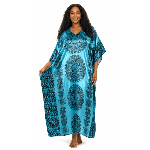 Up2date Fashion's Women's Silky Satin Caftan / Kaftan, Blue Mandala Print, Caf-95C2