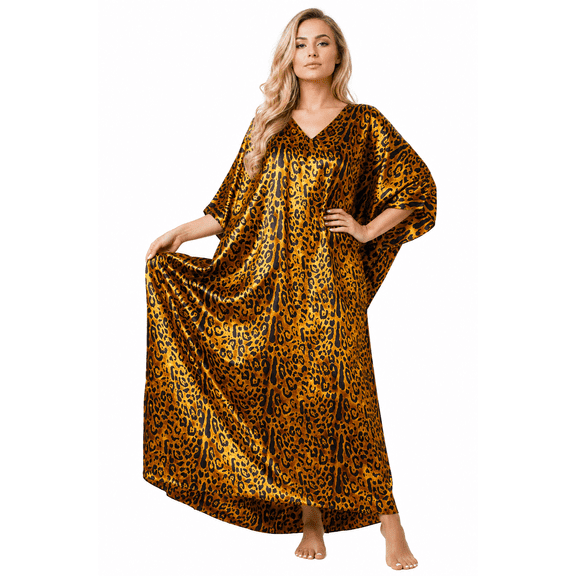 Up2date Fashion's Women's Satin Caftan in Golden Animal Print, Siky One Size Kaftan Mumu Lounger, Style Caf-64