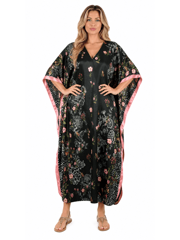 Women's Long Satin Caftan / Kaftan / Muumuu, Spring Sky Floral Print, Style Caf-104