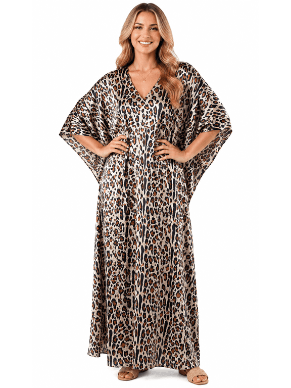 Women's Long Satin Caftan / Kaftan / Muumuu, Tiger Animal Print in Brown, Silky One Maxi Loungewear, Style Caf-65B