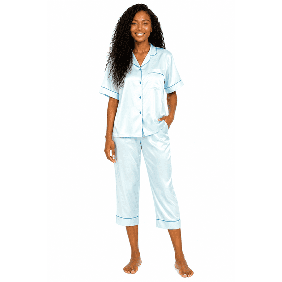 Up2date Fashion Satin Silky Pajama Set Women Capri Pants 2 Piece PJ Button Down Sleepwear Lounge Sets