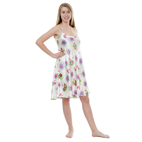 Up2date Fashion's Women's Ivory Floral Print Satin Chemise