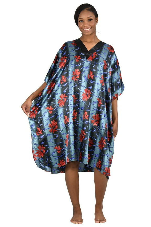 's Women's Satin Short Caftan / Kaftan, Coral Lilies Print