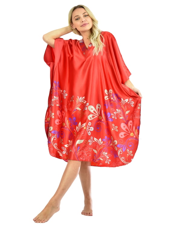 's Women's Short Caftan / Kaftan / Muumuu / Mumu, Floral Vines Print on Charming Red