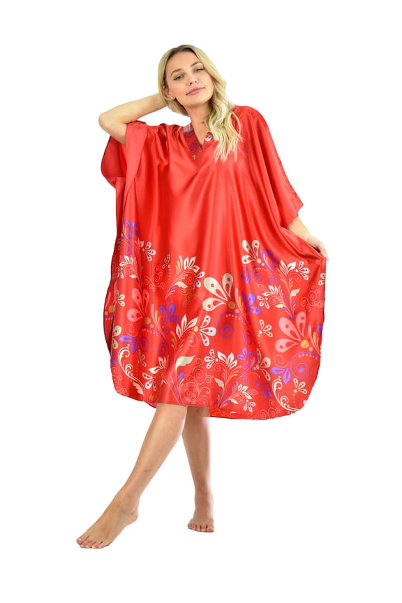 's Women's Short Caftan / Kaftan / Muumuu / Mumu, Floral Vines Print on Charming Red