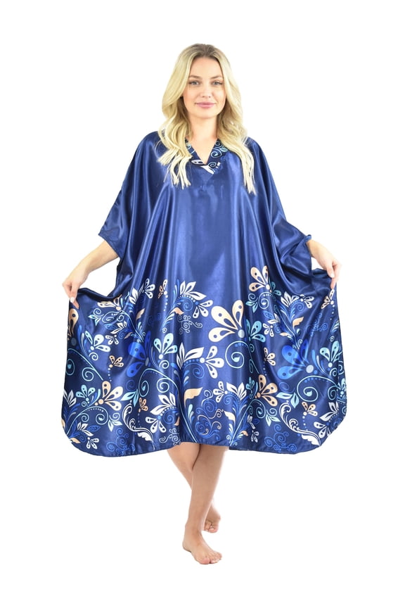 's Women's Short Caftan / Kaftan / Muumuu / Mumu, Midnight Dream Floral Vine Print in Blue