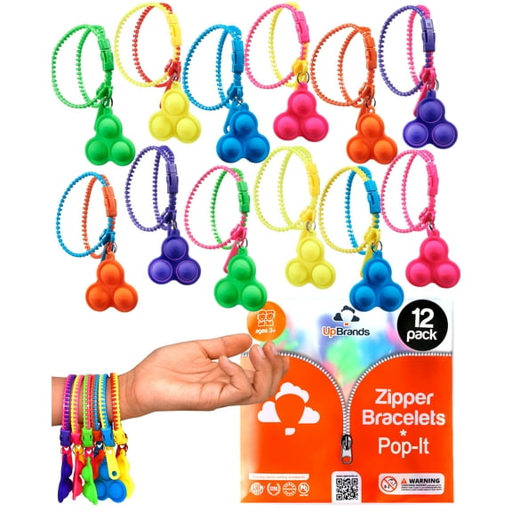 UpBrands 12 Fidget Party Favors For Kids Upgraded Zipper Pop-it Bracelets, ADHD Fidget Toys, Simple Dimple Fidget Poppers, Kids' Fidget Bracelets Bulk Set, Kit for Birthday Party & Pinata Fillers