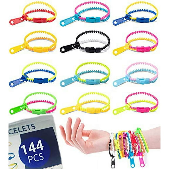 UpBrands 144 Fidget Toys Party Favors for Kids, Friendship Zipper Bracelets 7  ? Sensory Bulk Set Neon Colors, Kit for Valentines, Birthday, Goodie Bags, Easter Egg Basket Stuffers, Pinata Filler