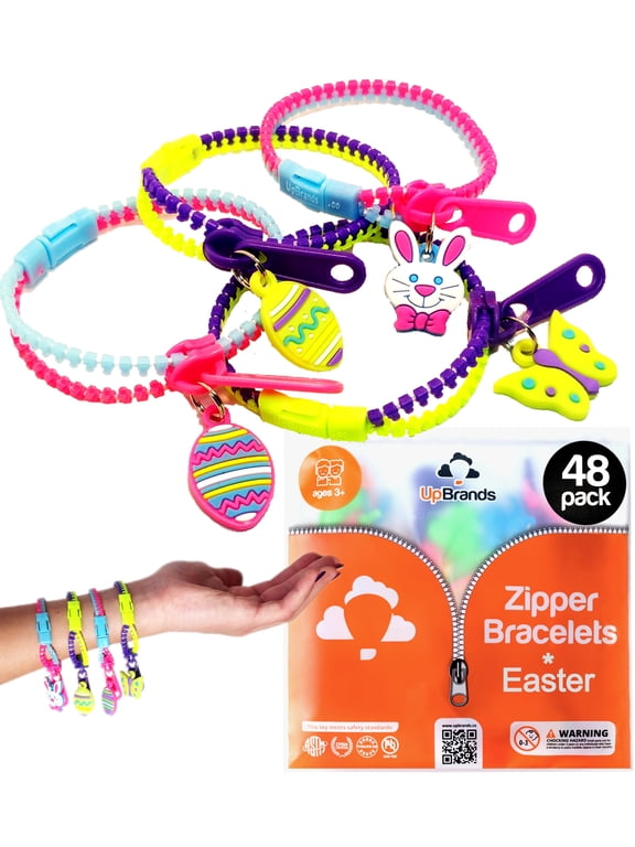 48 Easter Egg Fillers Zipper Bracelets - Party Favors for Kids Bulk Set, Kit for Birthday, Goodie Bags & Pinata Filler, Easter Basket Stuffers, Fidget Toys, Sensory Friendship Jewelry