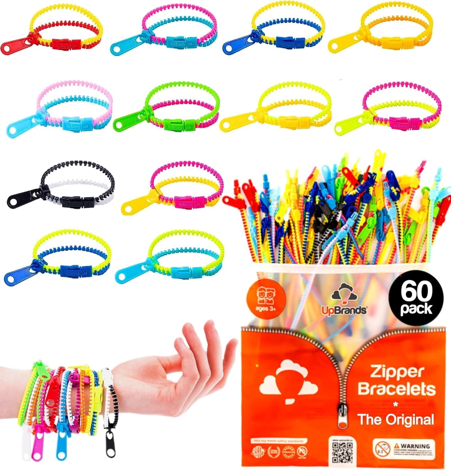 UpBrands 60 Easter Egg Fillers Small Toys: Zipper Bracelets 7 1/2” Sensory Bulk Set, Fidget Toys, Kit for Easter Egg Hunt, Birthday, Goodie Bags, Pinata Filler, Classroom Rewards