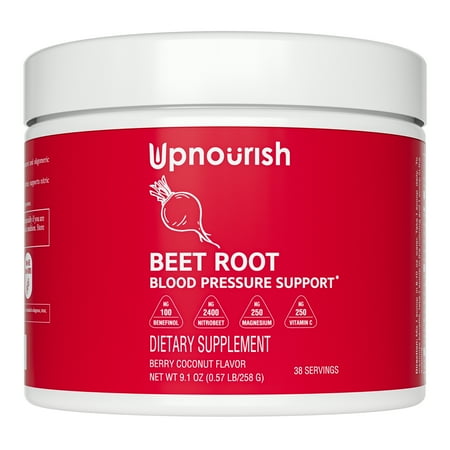 UpNourish Beet Root Powder Blood Pressure Support Supplement, Beet Juice Nitric Oxide Blood Flow Heart Health Support - Hawthorn Berry Olive Leaf Potassium Magnesium Citrulline Aged Garlic 38 Servings