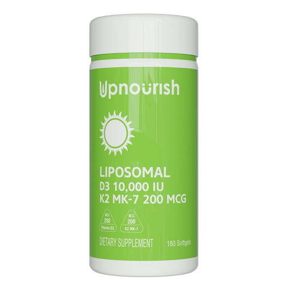 UpNourish Liposomal D3 K2 Vitamin 10000 IU D3 and K2 MK-7 200 mcg - 180 Vitamin D3 k2 (Vitamina D3 con K2) Mini Softgels - Easy to Swallow K2 D3 Vitamin Supplement