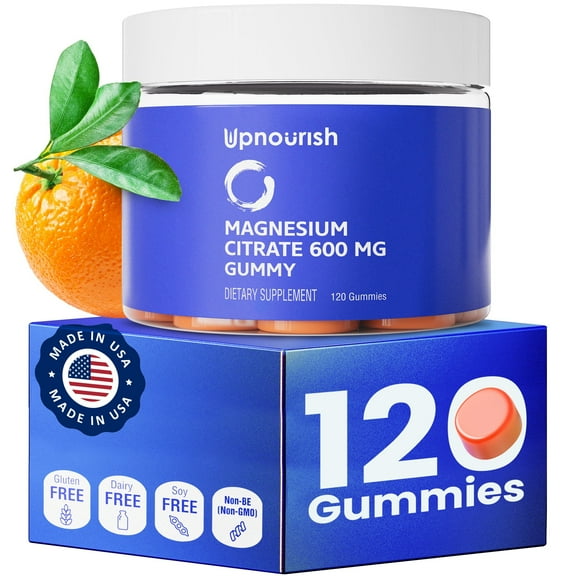 UpNourish Magnesium Gummies for Adults & Kids Magnesium Citrate Gummies 600mg, Magnesium Calm Supplement for Muscle Relaxation, Bone and Digestive Health, Citrato de Magnesio, Vegan, Non-GMO 120ct