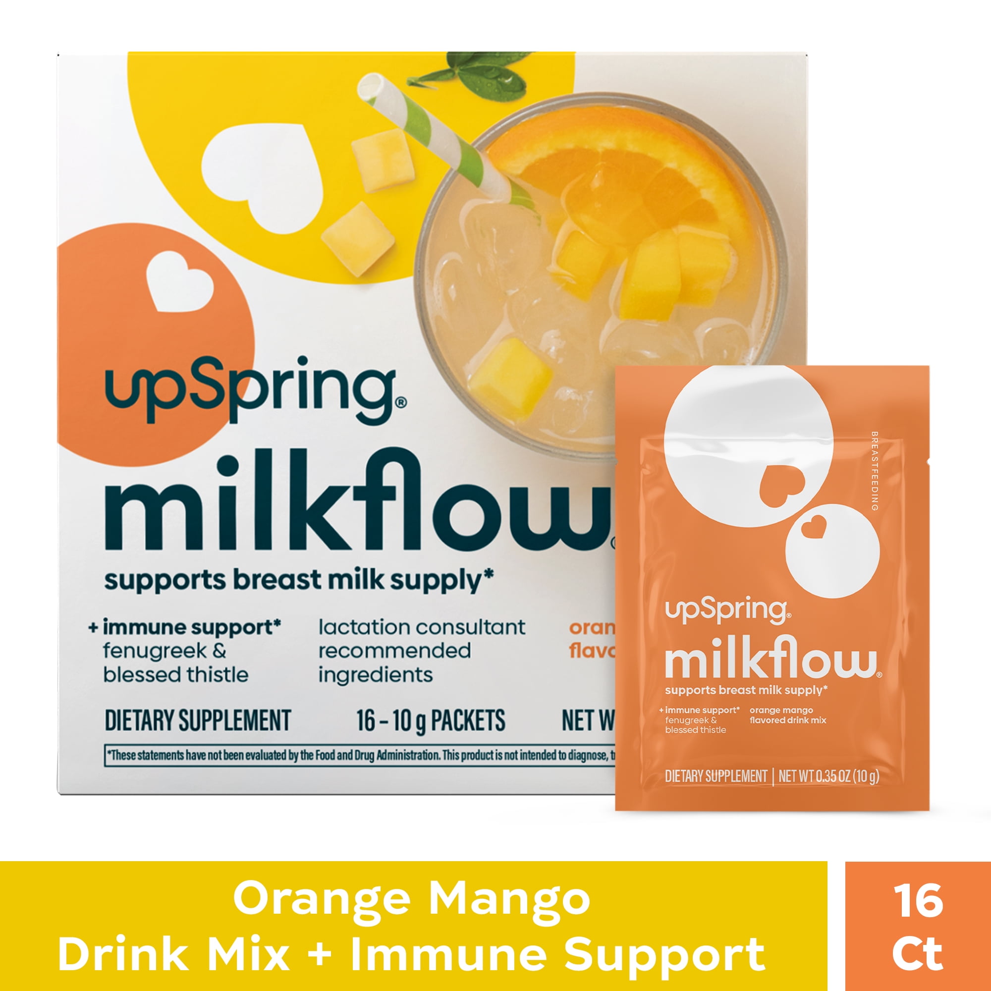 UpSpring MilkFlow Fenugreek & Blessed Thistle Breastfeeding Drink Mix with Immune Support, Orange Mango, 16 Count