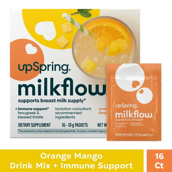 UpSpring MilkFlow Fenugreek & Blessed Thistle Breastfeeding Drink Mix with Immune Support, Orange Mango, 16 Count