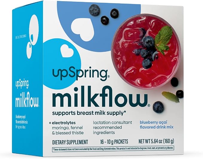 UpSpring Milkflow Electrolyte Breastfeeding Supplement Drink Mix Fenugreek-Free, Moringa & Blueberry Acai Flavor, Lactation Supplement to Support Breast Milk Supply and Restore Electrolytes, 16 Mixes