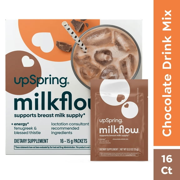 UpSpring Milkflow Fenugreek & Blessed Thistle Breastfeeding Drink Mix, Chocolate, 16 Count