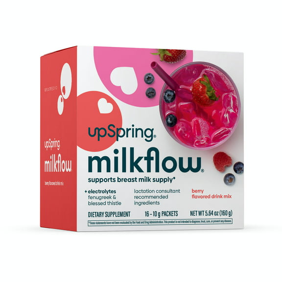 UpSpring Milkflow Fenugreek & Blessed Thistle Breastfeeding Drink Mix with Electrolytes, Berry, 16 Count