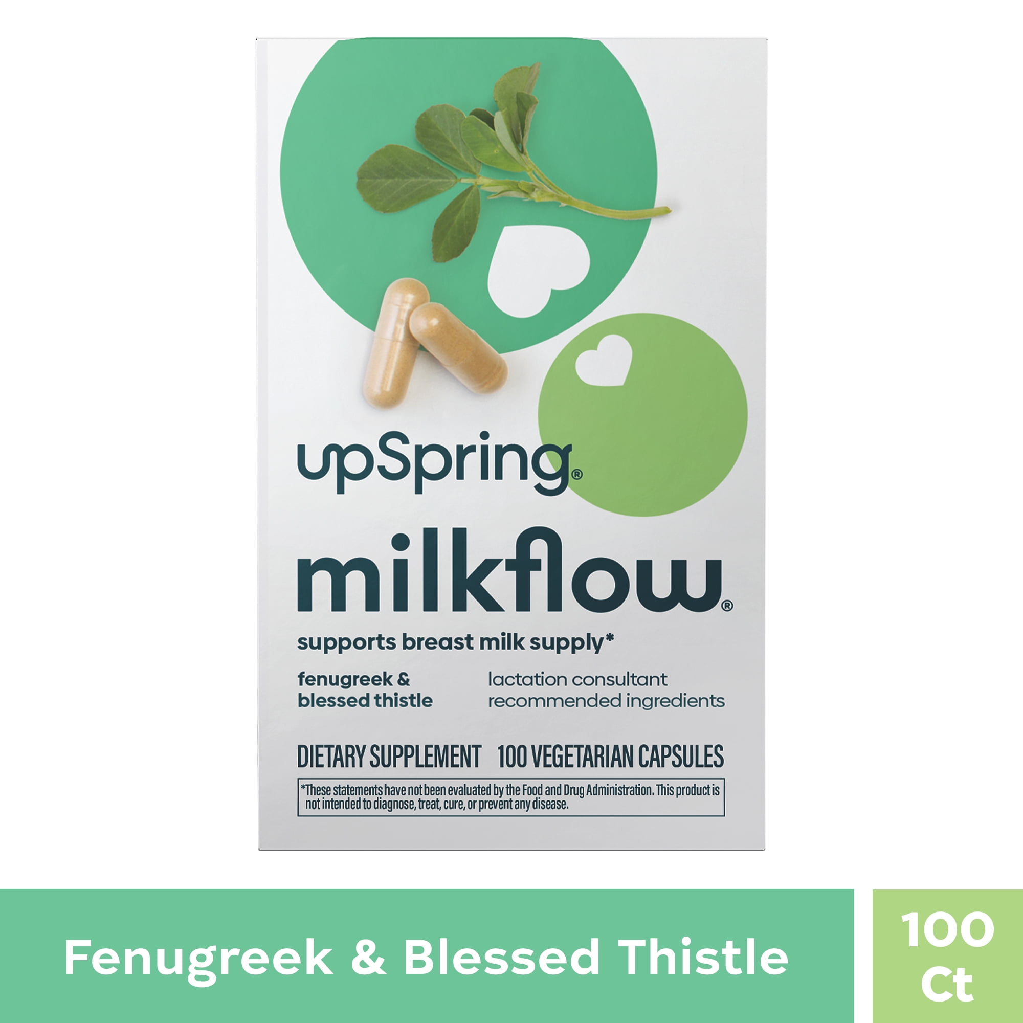 UpSpring Milkflow Fenugreek & Blessed Thistle Breastfeeding Supplement Capsules, 100 Count