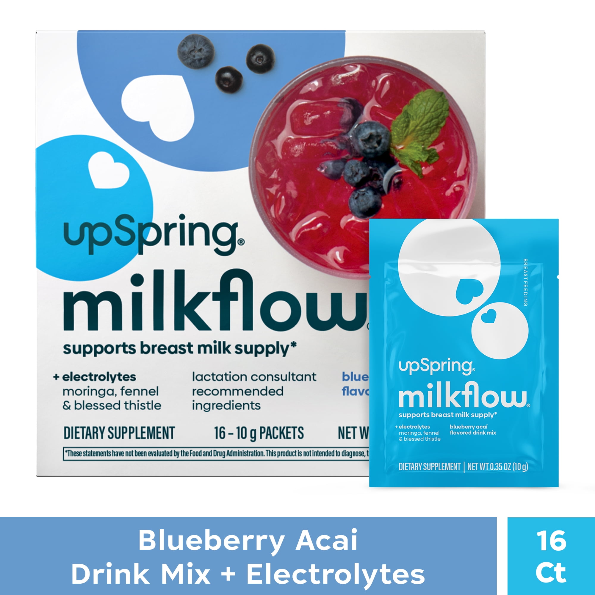 UpSpring Milkflow Fenugreek-Free Breastfeeding Drink Mix with Electrolytes, Blueberry Acai, 16 Count