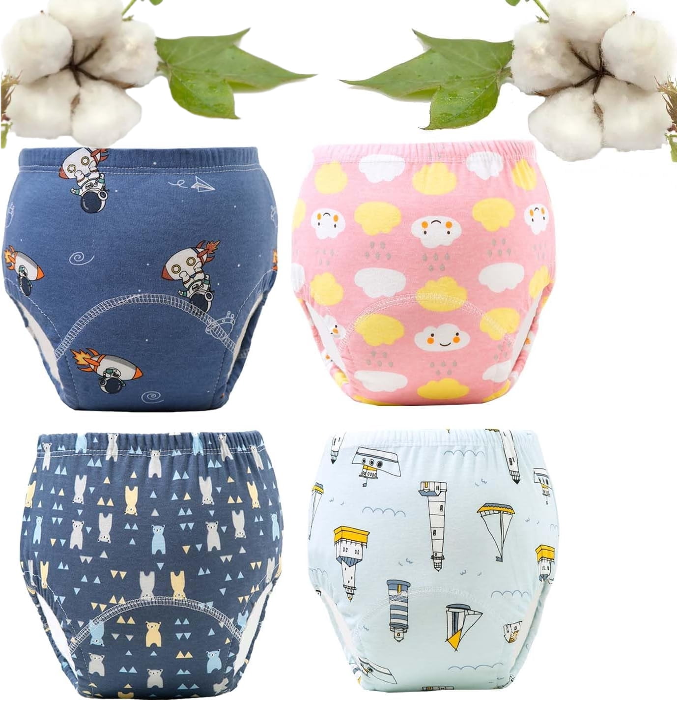 Upairy Training Pants for Boys and Girls, Up Airy Potty Training Underwear, 100% Cotton Washable Underwear (4PCS-D,Small)