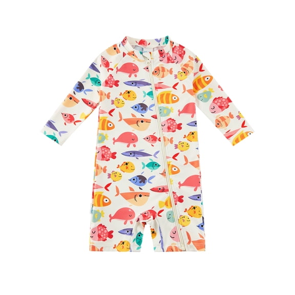 Upandfast Baby Boy Lots of Fish UPF 50+ Long Sleeve Rash Guard One Piece Swimsuit Front Zipper 2-3T