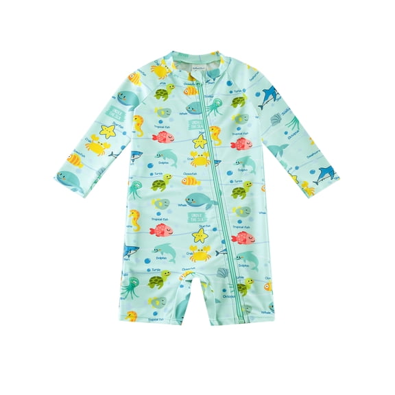 Upandfast Baby Boy Swimsuit UPF 50+ One Piece Sunsuit with Full Zipper Long Sleeve Marine Life 12-18M