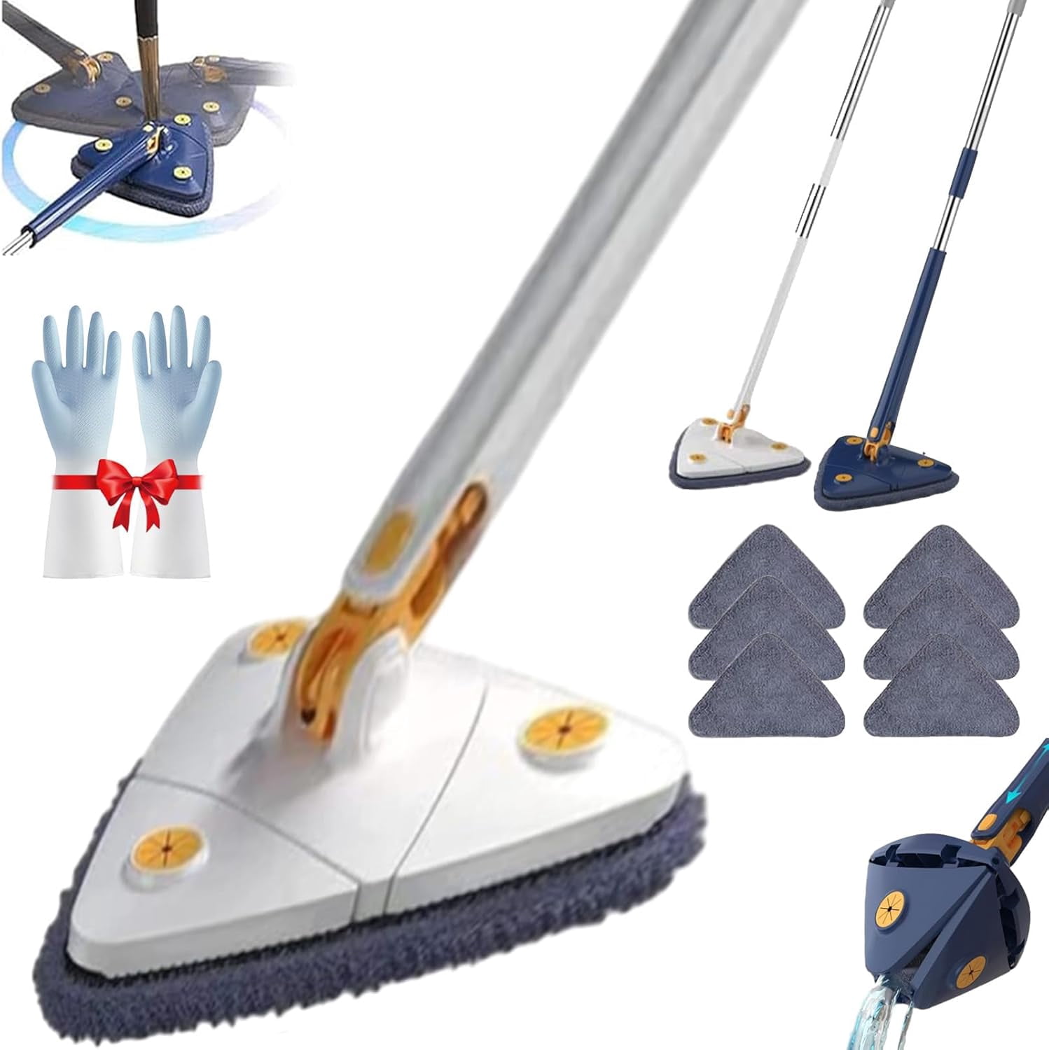 360-Degree Rotating Triangle Mop With Telescopic Handle - For Windows, Ceilings, Tiles & Hard-to-Reach Spots (Includes 2 Cloths)