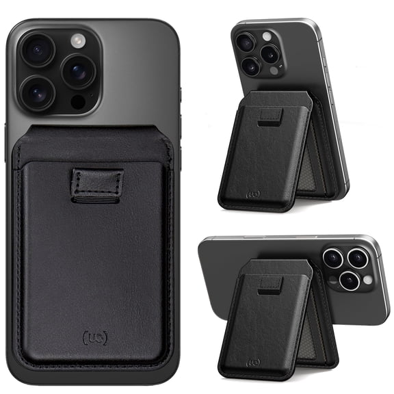 Upcommon Enclave Wallet Stand with Pull-tab for iPhone 17/16/15/14/13/12, MagSafe Compatible, Magnetic Card Holder, Adjustable Stand, RFID Blocking, Microfiber Leather (Pull-tab, Black, 5 Card Hold)