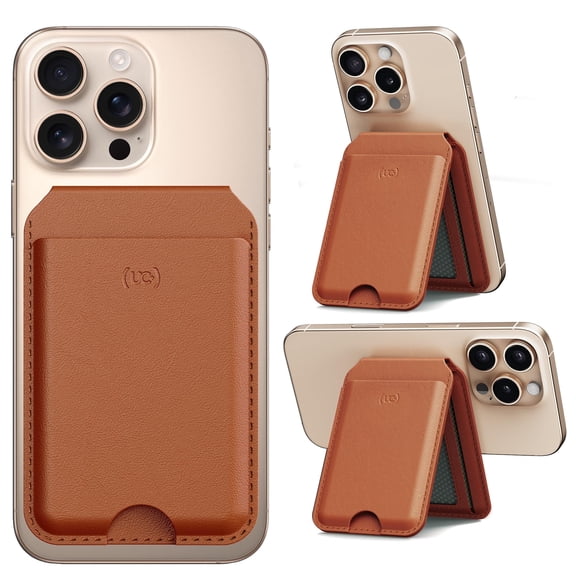 Upcommon Enclave Wallet Stand for iPhone 17/16/15/14/13/12 Series, Compatible with MagSafe, Magnetic 5 Card Holder, Adjustable Stand, RFID Blocking, Microfiber Leather (Tan)