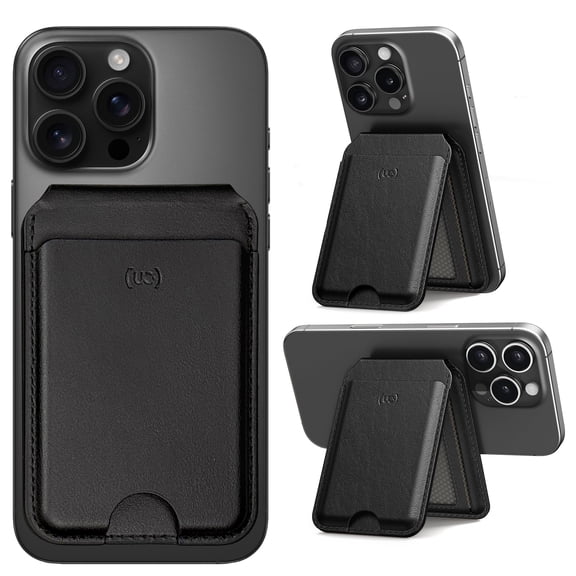 Upcommon Enclave Wallet Stand for iPhone 17/16/15/14/13/12 Series, Compatible with MagSafe, Magnetic 5 Card Holder, Adjustable Stand, RFID Blocking, Microfiber Leather (Black)