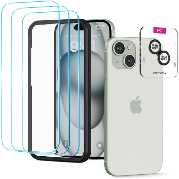 Upcommon UARMOR Glass 3 Pack Clear Screen Protector & 1 Pack Camera Lens Protector for [ iPhone 15 ] 9H Tempered Glass with Easy Installation Kits (3+1 Pack)