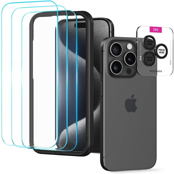 Upcommon UARMOR Glass 3 Pack Clear Screen Protector & 1 Pack Camera Lens Protector for [ iPhone 15 Pro Max ] 9H Tempered Glass with Easy Installation Kits (3+1 Pack)