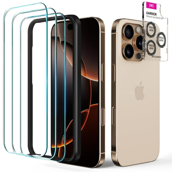 Upcommon UARMOR Glass 3 Pack Screen Protector & 1 Pack Camera Lens Protector for iPhone 16 Pro (6.3 Inch) 9H Tempered Glass with Easy Installation Kits (Clear)