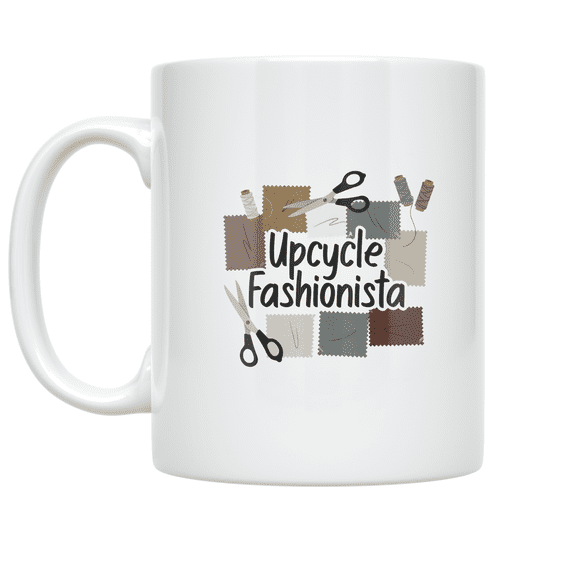 Upcycle Fashionista Patchwork Design - Sustainable Fashion Enthusiast - 11 oz Ceramic Mug