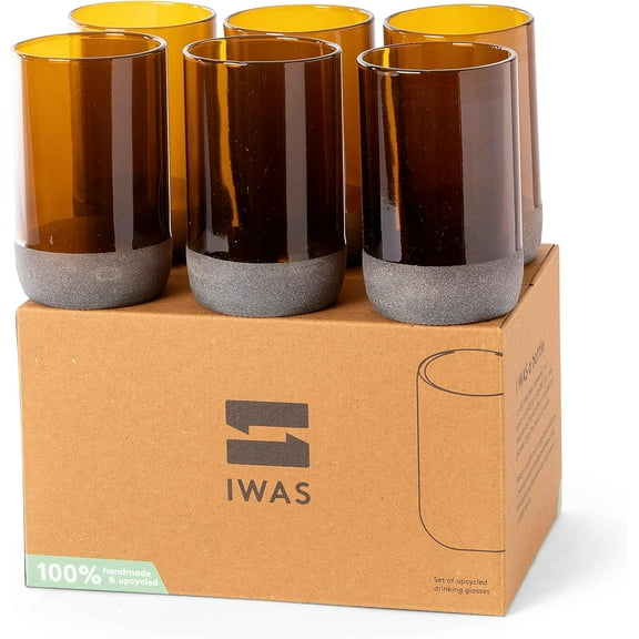 Upcycled Tall Auburn Drinking Glasses | 350 ML | 12 OZ | Set of 6 | Sustainable Water and Juice Glass For Home | Light Brown Cup | Thick High Ball Modern Amber Glassware | Better Than Recycled