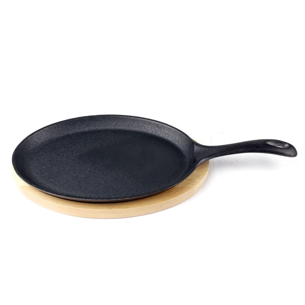 Update International 15-Inch Cast Iron Fajita Platter Set With Wood Underliner - Sizzling Serving Dish For Grilled Meats