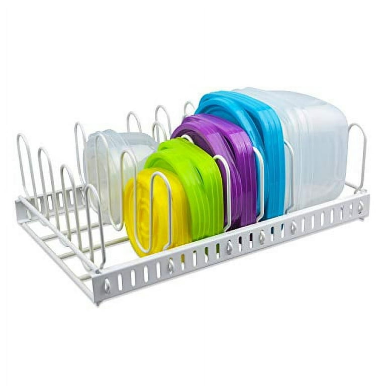 Update White Food Container Lid Organizer&Adjustable Metal Lid Holder Rack  6 Dividers Storage Container Lid organizer for Cabinets, Cupboards, Pantry,  Drawers to Keep Kitchen Tidy(Patent Pending) 
