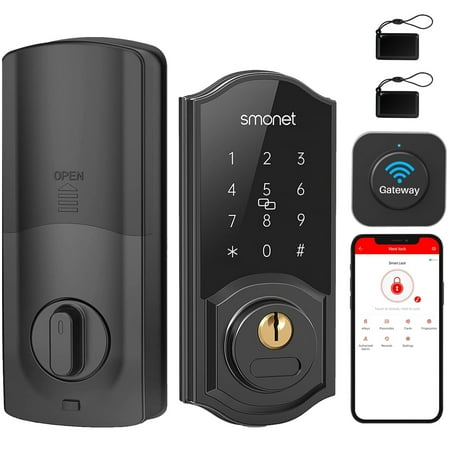 Update WiFi Door Lock,SMONET Remote Control Smart Deadbolt, Digital Electronic Keyless Entry Locks Bluetooth Touchscreen Auto Lock with Gateway Hub, Work with Alexa,APP,Code,Key for Home Front Door