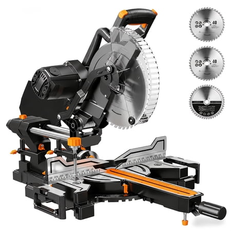 Updated 10-Inch Dual Bevel Sliding Miter Saw, Multi-Material Cutting W/ 3 X TCT Blades, 2-Speed 5000/3200 RPM, 0-45° Bevel & Miter Cut, Max Cut 3.5"x13.4", 9 Positive Stops