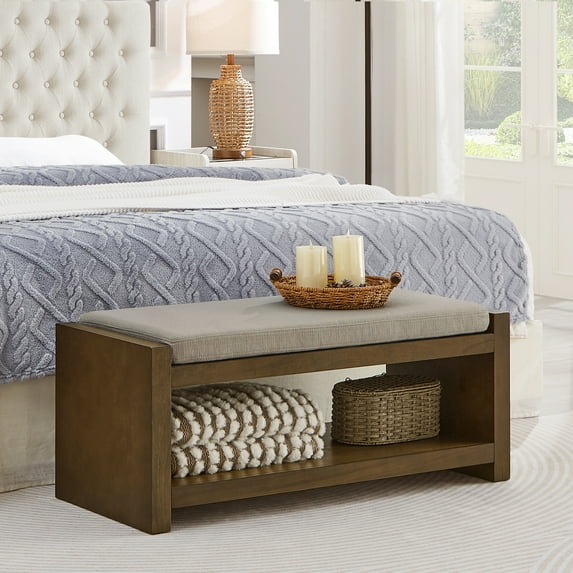 Updated 40" Accent Bench with Lower Shelf Shoe Rack, Padded Seating Bench for Living Room, Modern Compact Bed End Bench with Storage for Bedroom Seating, Removable Cushion, 40"W- Linen