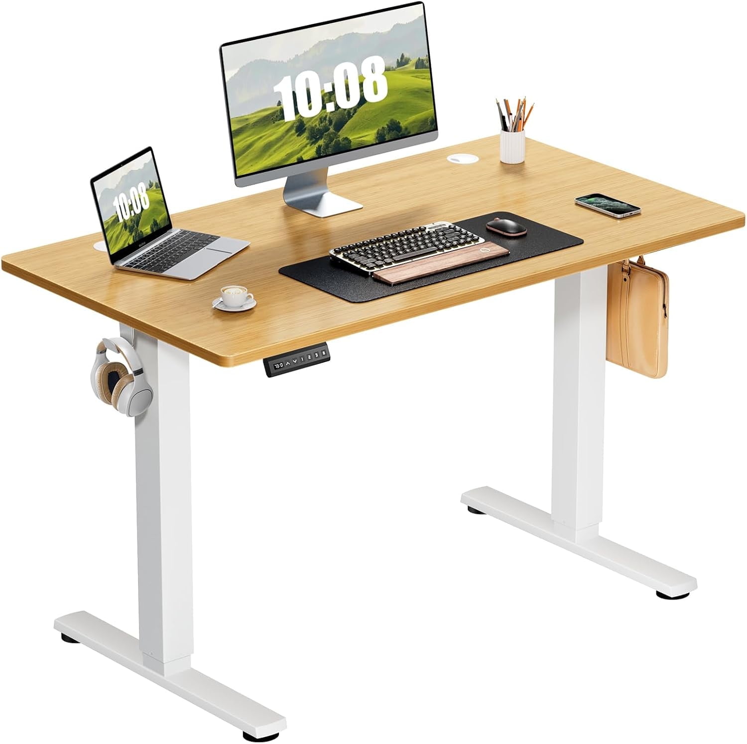 TINKLE WELL Updated Electric Standing Desk, 63 x 24'' Adjustable Height Electric Standing Computer Desk, Ergonomic Workstation with 3 Memory Controller, Bamboo Texture, Oak