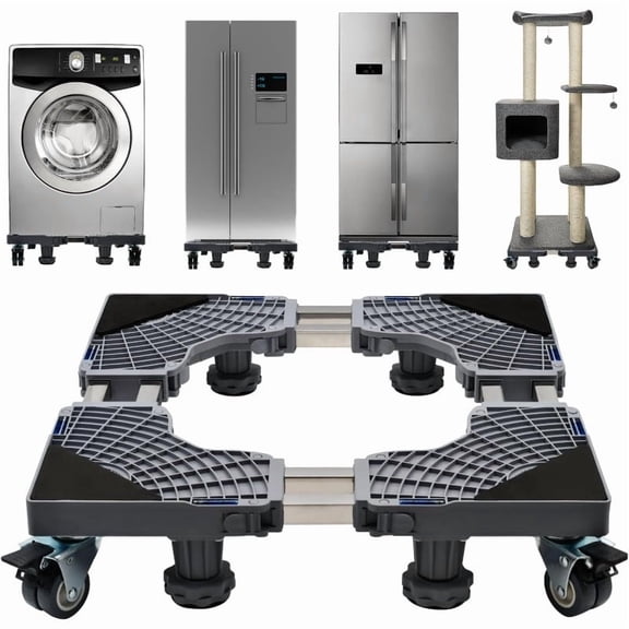 Updated Fridge Stand Mobile Base with Double Pipes 4 Locking Wheels 4 Strong Feet, Adjustable Furniture Dolly for Washer Dryer Washing Machine Stand Pedestal, Refrigerator