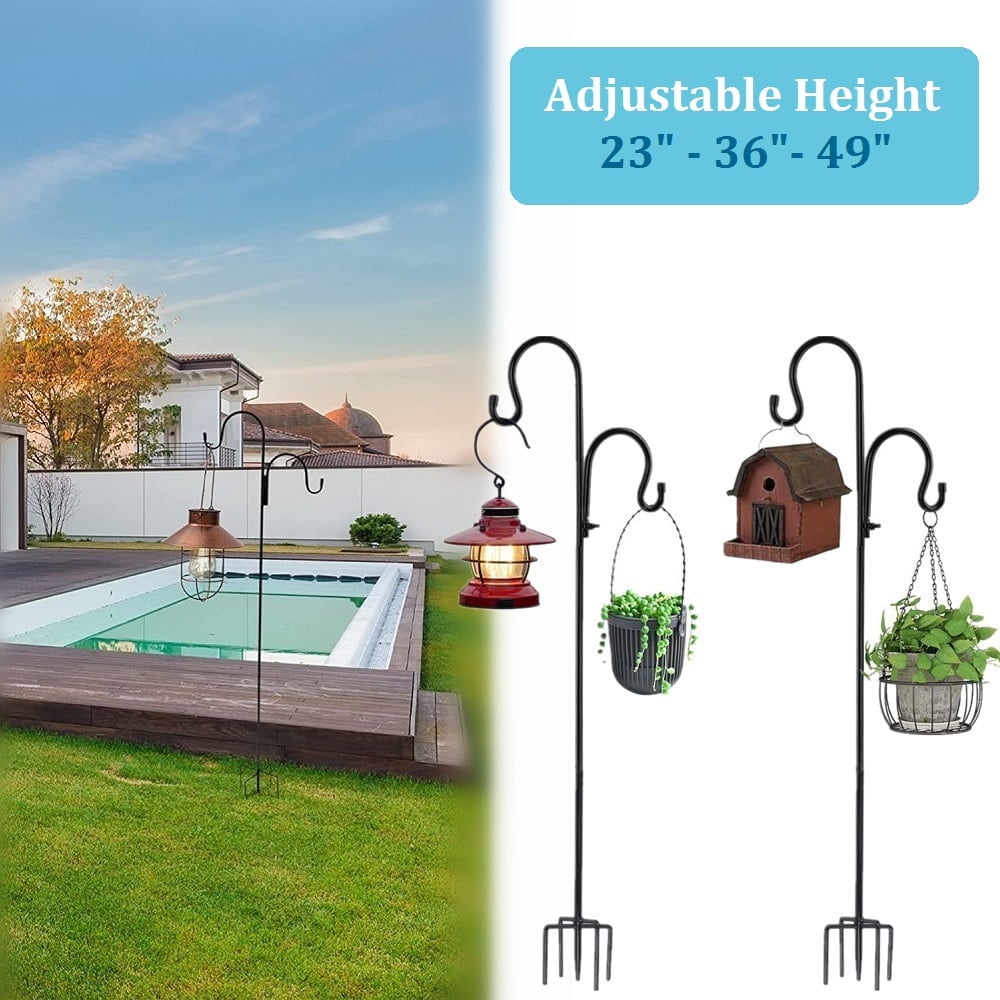 Updated Heavy Duty Double Arm Shepherd Hook for Garden, 49'' Tall, 1/2'' Thick, CabinaHome Metal Poles for Outdoor Hanging Bird Feeders, Plants, Plant Baskets, Solar Light Lanterns, Black, 1/2/4 Pcs
