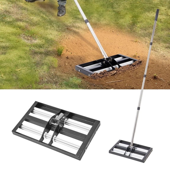 Updated Lawn Leveling Rake with Roller, 17" x 10" Stainless Steel Lawn Leveler with 63.4