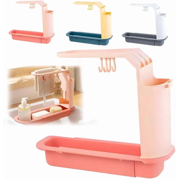 Updated Telescopic Sink Storage Rack, 2026 New Adjustable Sink Organizer, Multi Functional Kitchen Storage Rack for Home Kitchen, Durable Countertop Organizer for Families (Pink)